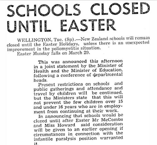 An article from a newspaper. The headline reads 'Schools Closed Until Easter.'