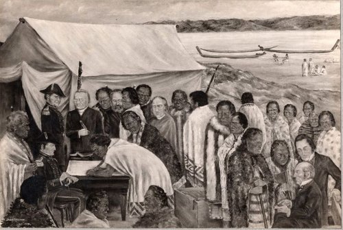 A drawing of the signing of The Treaty of Waitangi. Several Māori and Pākehā people stand around a Māori man leaning on a desk and signing.