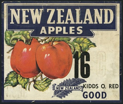 Poster of two red apples hanging from a branch, with arrangement of text top and bottom. Includes logo of silver fern with "New Zealand" in scroll across it. (1940-60s)