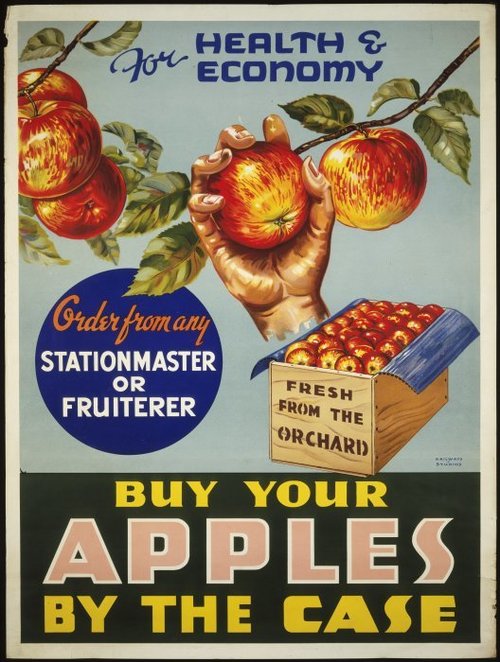 A 1935 poster  Shows a hand reaching up to pluck an apple from a branch on which are several other apples. At the right is a full wooden case of apples.
