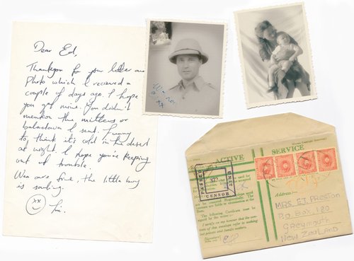 Scan of an old letter, envelope and photos.