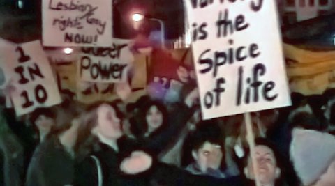 Still of protesters in Auckland, featured on 'Eyewitness News' in 1985.