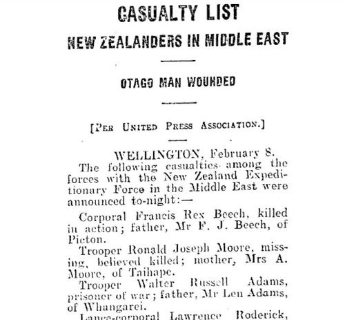 An old newspaper article, the heading of which reads 'Casualty list New Zealanders in Middle East.