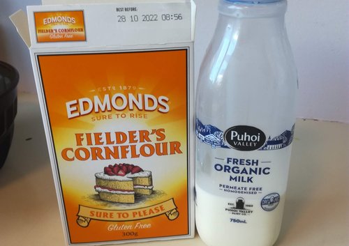 Ingredients for a blancmange - cornflour and milk.