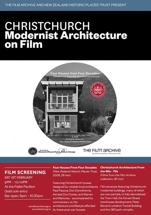 A flyer for a film screening of the film Christchurch Modernist Architecture on Film