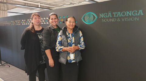 Cook Island Archivists, Kate Ngatokorua & Susan Love, with Ngā Taonga's Chief Executive, Honiana Love (left).