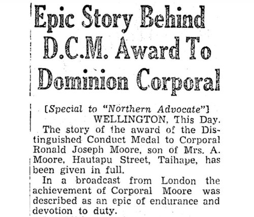 An old newspaper article, the heading of which reads Epic story behind D.C.M Award to Dominion Corporal'