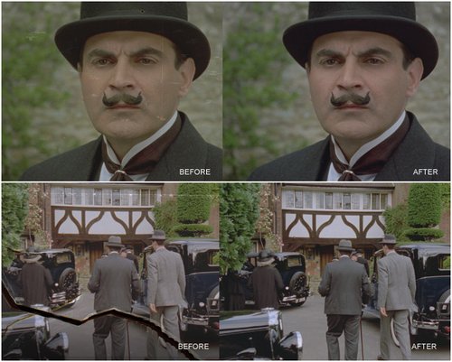 Screencaptured images showing ITV’s Poirot before and after ARRISCAN treatment.