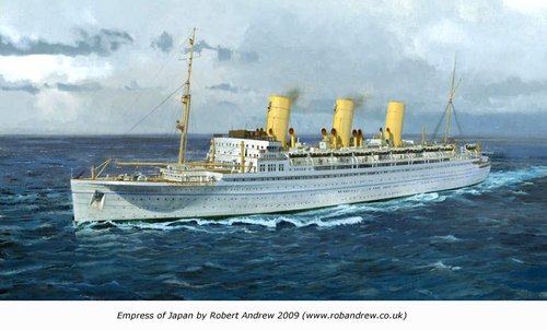 A colour image of a large ship called the Empress of Japan.