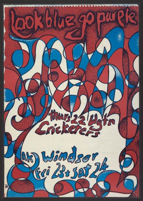 A gig poster for Chris Knox in blue white and red reads 'Look Blue Go Purple Thursday 22 Wgtn Cricketers Ak Windsor Fri 23 and Sat 24'