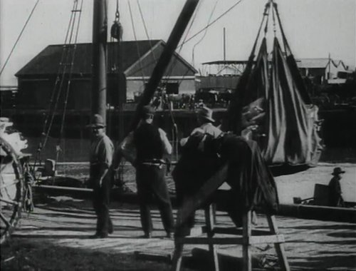Three men are standing on a dock while a crane lifts debris from a shipwreck above the dock.