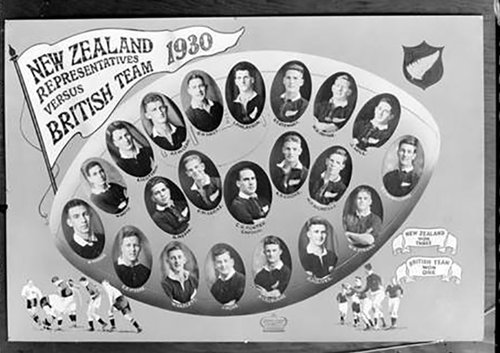 A 1930s graphic showing the faces of all members of a rugby team.