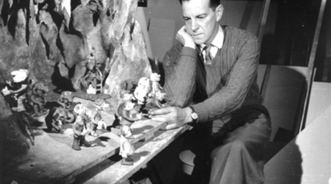 Fred O'Neill with some of his plasticine creations, that he used in his animations.