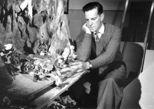 Fred O'Neill with some of his plasticine creations, that he used in his animations.
