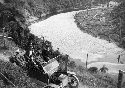 Group of men in a in car in the Otaki Gorge in 1921.
