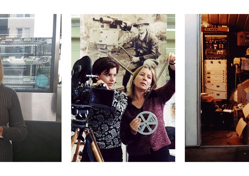 Two women with film camera and film reel.