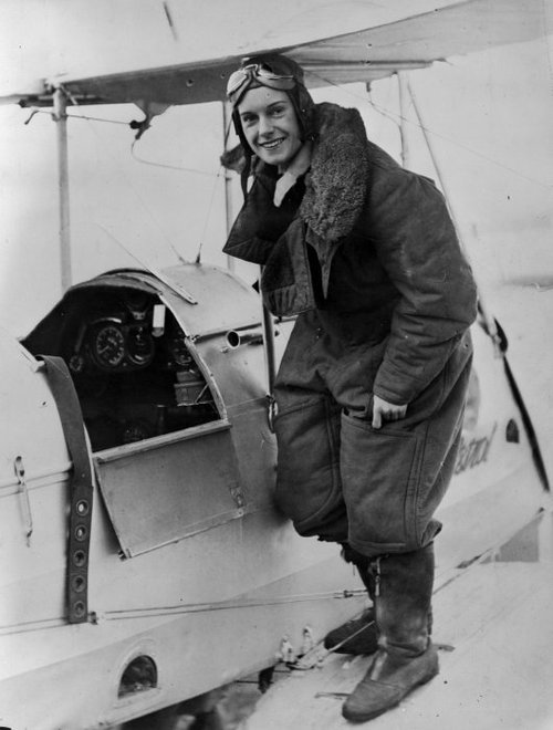 Jean Gardner Batten on her plane wing.