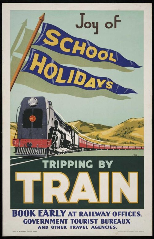 A colourful old poster depicts a train journey through New Zealand with the words 'Joy of School Holiday, Tripping by Train' on it