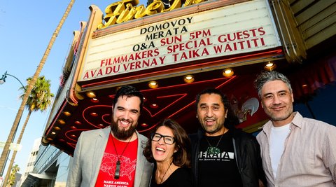 Heperi Mita, Chelsea Winstanley, Cliff Curtis and Taika Waititi outside the American premiere of MERATA. Photo supplied.