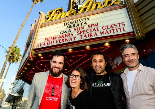 Heperi Mita, Chelsea Winstanley, Cliff Curtis and Taika Waititi outside the American premiere of MERATA. Photo supplied.
