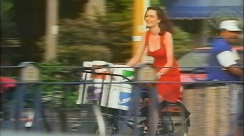 A young woman in a red dress is riding a bicycle with Levene branded paint tins loaded on the front.