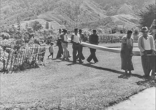 Framegrab from Mana Waka showing Moana as a child at Ngāruawāhia during the construction of Aotea and Takitimu canoes now known as Tūmanako and Rangatahi respectively.