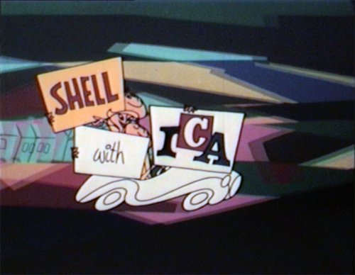 Still from a Shell Oil commercial - Cartoon car with people holding signs saying "Shell with ICA".