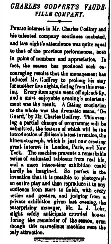 A newspaper article titled 'Charles Godfrey's Vaudeville Company'.