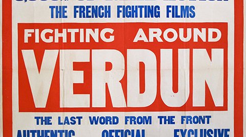 A poster from 1916 in red, blue and white writing about the French fighting films