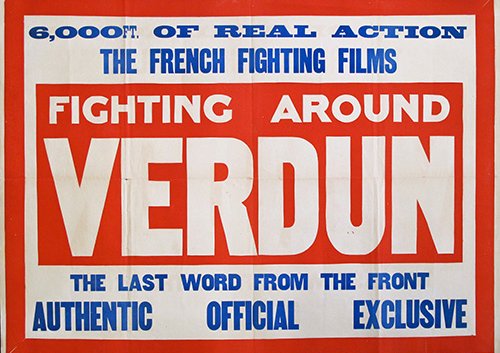 A poster from 1916 in red, blue and white writing about the French fighting films