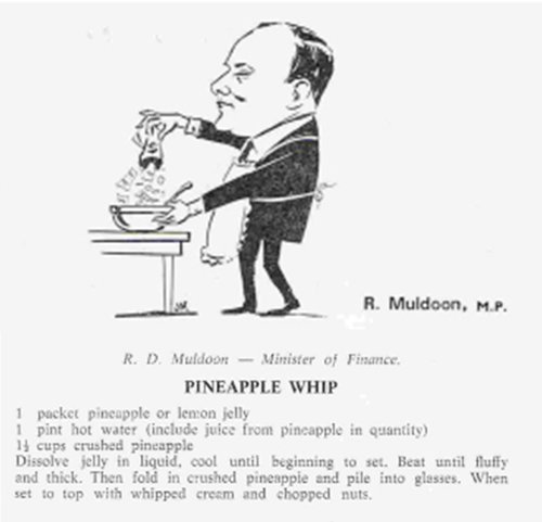 The 'Pineapple Whip' recipe, with a cartoon of Robert Muldoon.