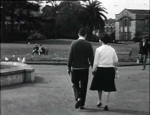 A man and a woman are walking in the park holding hands.