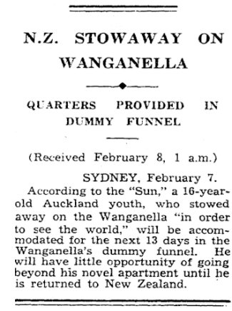 A cutting of a newspaper article with the title ' N.Z Stowaway on Wanganella'
