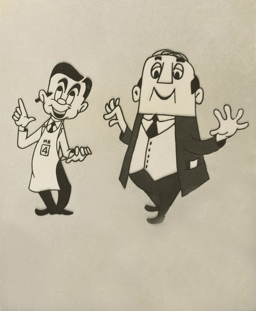 Animation cel of the iconic Mr 4 Square character with a suited gentleman customer