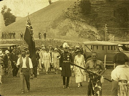 Image: The Governor General, Sir Charles Ferguson and his entourage are welcomed onto Te Rāhui Marae