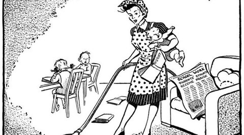A cartoon image of a woman vacuuming while holding a crying baby. Behind her are two other children at a table. A newspaper on a chair has a headline that reads 'School Work, parents' efforts receive praise.'.