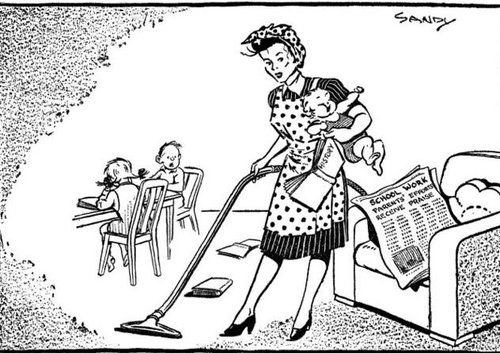 A cartoon image of a woman vacuuming while holding a crying baby. Behind her are two other children at a table. A newspaper on a chair has a headline that reads 'School Work, parents' efforts receive praise.'.