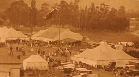 A high angle over the hui at Te Hapara in 1919. A large crowd of people moved between big tents, a flagpole and cars parked nearby.