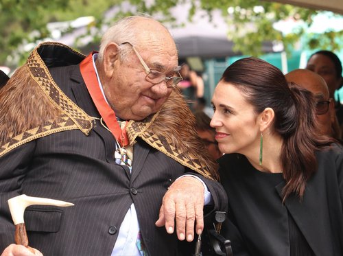 Sir Hekenukumai Busby and Prime Minister Jacinda Ardern exchange smiles when the master waka builder was knighted at Waitangi earlier this year.