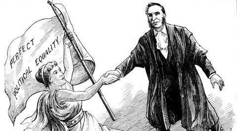 Engraving depicting a woman holding a flag which reads, 'Perfect Political Equality', with a man helping her up to what is labelled as the 'Parliamentary Heights'