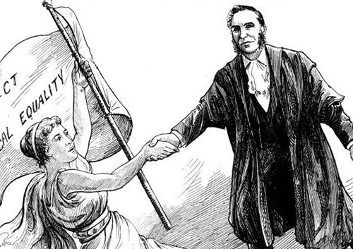 Engraving depicting a woman holding a flag which reads, 'Perfect Political Equality', with a man helping her up to what is labelled as the 'Parliamentary Heights'.