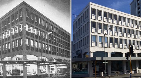 Two pictures sit side by side, one of the old Ngā Taonga building in the past and as it was when Ngā Taonga was on Taranaki Street