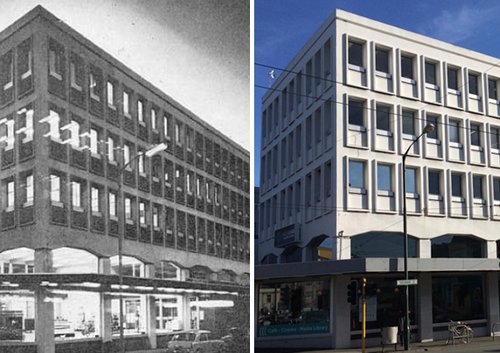 Two pictures sit side by side, one of the old Ngā Taonga building in the past and as it was when Ngā Taonga was on Taranaki Street
