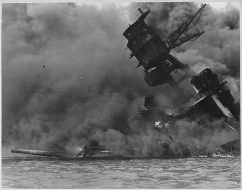 The warship Arizona burning in Pearl Harbour