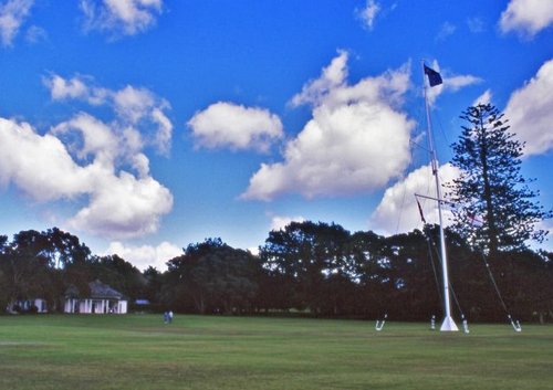A flagpole stands in a field at the Waitangi Treaty Grounds.