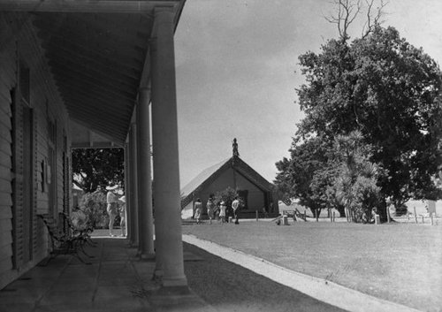 View from the verandah of Treaty House at Waitangi, looking towards the meeting house, Whare Rūnanga.