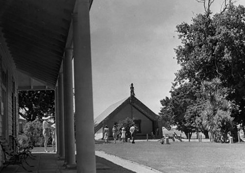 The verandah of the Treaty house, Waitangi, New Zealand, looking east across the grounds and including the meeting house.