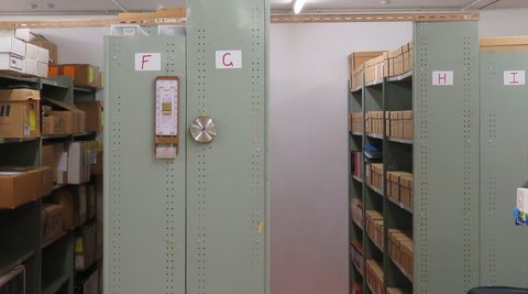Archiving shelves at Ngā Taonga.