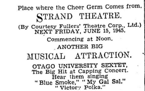 An advertisement in the Otago Daily Times for the Otago Sextet singing 'Blue Smoke'