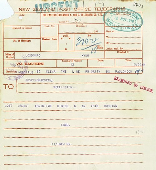 Armistice telegram received in New Zealand by Governor-General Lord Liverpool.